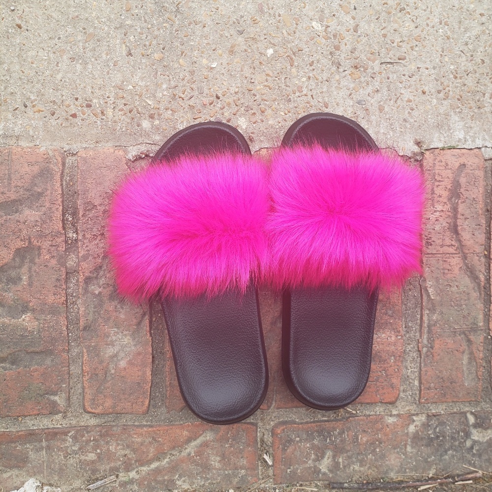 Hot pink fur slides